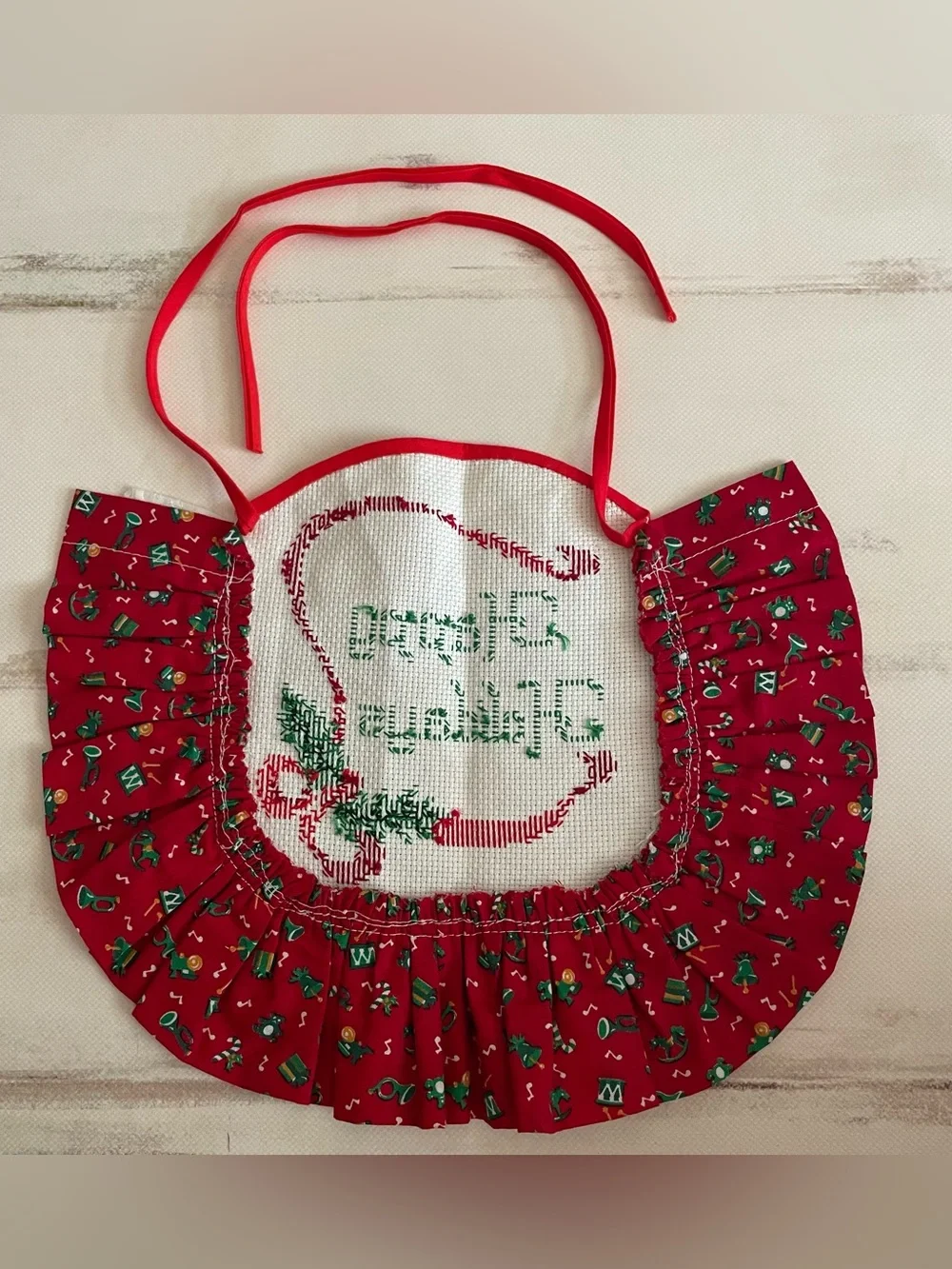 Vintage Cross Stitch Baby Bib Happy Holidays Red Green White Cottagecore Ruffle